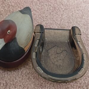 Avon Duck Figurine with Horseshoe Ashtray - Red, Black, Brown